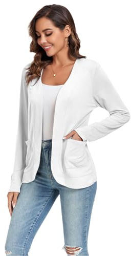 TownCat Cardigan Femme avec Poches Léger Long Manches Longues Décontracté Minces Elegant Coupe Ajustée Longue Manteau À La Mode Et Polyvalent Blanc M