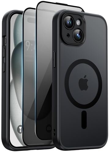 Aekyiwot Hülle für iPhone 15 Magnetische Handyhülle Kompatibel mit iPhone 15 MagSafe mit Kameraschutz, 1 Hülle mit 2 Schutzfolie Sichtschutz Privacy Schutz, Stoßfest Kratzfest Schutzhülle, Schwarz