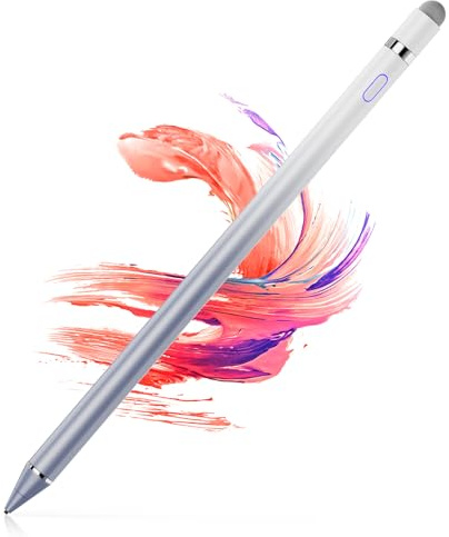 Stylus Pen for Touchscreen - 1.5mm Ultra-Fine Tip Stylus Pen for iPad Pro, Air | Magnetic Cap | 12H Battery | No Bluetooth | Compatible with iPhone, Android, Chromebook, Tablets (White Purple)