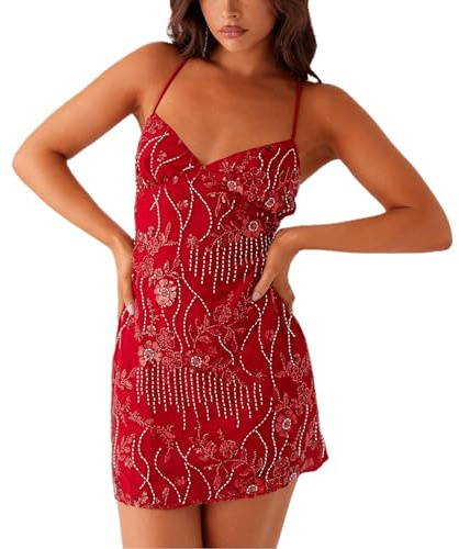 Qianderer Women Sequin Sparkly Mini Dress Sexy Y2K V Neck Floral Pearl Backless Cami Dresses Glitter Party Club Bodycon Short Dress Clubwear (Ba Red, S)