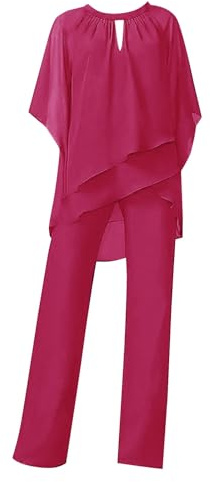 Byxdräkt för kvinnor, elegant 2-delad chiffongdräkt för bröllopsgäster, formell examensfestdräkt, tvådelad kostym i plusstorlek, kostymer för mödrar till bruden, fest, Rosso, XL