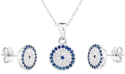 MYSTIC JEWELS - Conjunto de Joyería de Plata de ley 925 - Ojo Turco con Circonitas - Colgante con Cadena y Pendientes en Plata de Ley Baño Rodio