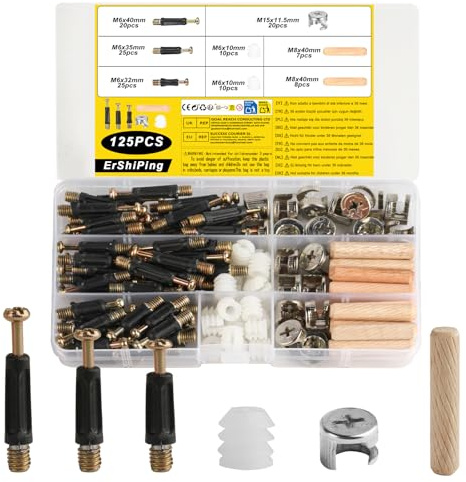 125 Pcs 3-in-1 Furniture Connector Hardware Fixings Set, Furniture Cam Lock Screws & Wood Dowel Screws & Eccentric Cam Lock Bolts Pre Inserted Nuts for Table Cabinets Wardrobe Connection Kit