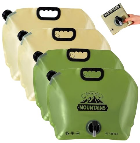 8L Faltbarer Wasserkanister mit hahn, 4PCS Lebensmittelecht Tragbar faltbare trinkflasche, faltbare wasserflasche BPA-frei Wasserbeutel für Camping, Wandern und Wasserspeicherung zu Hause (Grün+Khaki)