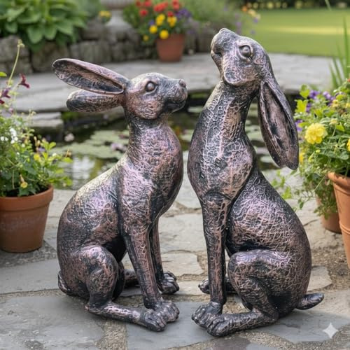 My Square Mile Garden Ornaments Bronze Effect Resin Hares Set, Indoor Outdoor Moongazing and Alert Rabbit Sculptures, W17 x H36 x D16 cm (Set Of 2)