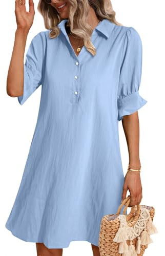 Zeagoo Abito Camicia Estivo da Donna con Maniche a Volant Scollo a V Mini Abito Elegante Abito Estivo Casual da Donna Abbottonato Comodo e Traspirante Abito da Spiaggia