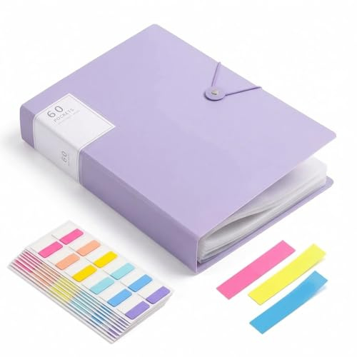 A4 Display Folder with Plastic Sleeves & Elastic Buckle, Large Capacity Document Folder,Certificate Folder, 60 Pockets Presentation Folder for School Office Business Use, Includes Stickers