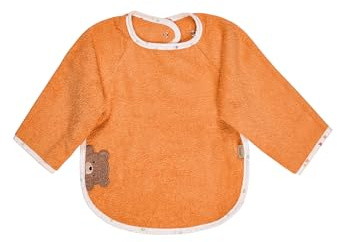 Sterntaler Bear Bo, Baby and Toddler Bib with Sleeves, Practical Press Stud Closure, Absorbent Cotton, Cute Applique, 50 x 73 x 0.5 cm, Bright Orange