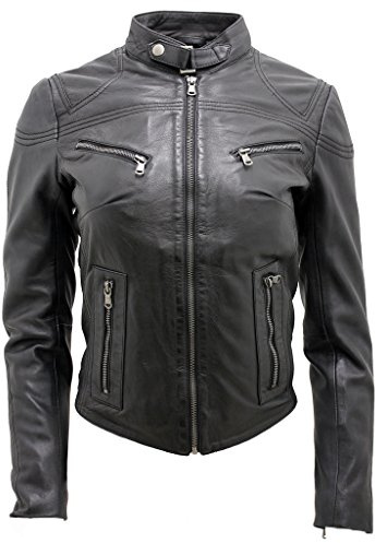 Infinity Veste de Motard en Cuir Noir Pour Femmes