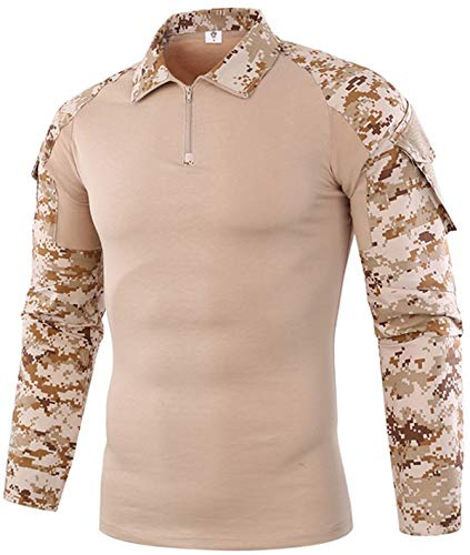FENG Taktisk militär strid t-shirt för män långärmad slim fit camo skjorta militäruniform airsoft tillbehör jakt vandring, Öken digital, L