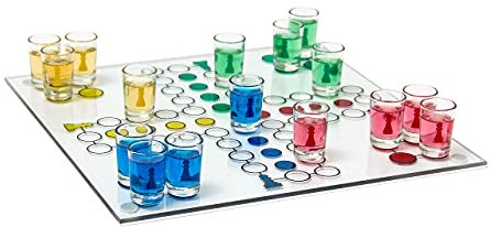Relaxdays 1 x Drinking Ludo Spiel, Partyspiel für Erwachsene, Brett, 2 Würfel & 16 Shotgläser, lustiges Trinkspiel, bunt