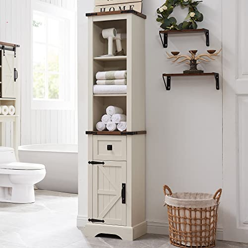 OKD Bathroom Storage Cabinet, Farmhouse Storage Cabinet with Adjustable Shelves & Drawer, Tall Linen Tower for Bathroom, Living Room, Rustic Oak with Antique White