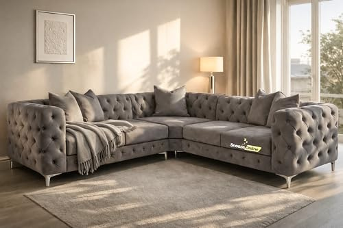 Snooze Velvet Monaco 3 and 2 Seater Sofa Sets, Corner Sofas For Living Room, Upholstered Plush Fabric 3 Seater Sofas (Coffee Grey Velvet, 5 Seater Corner Sofa)