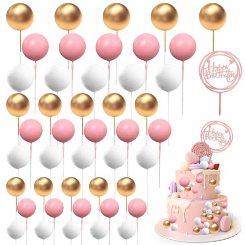 mizikuu Balle Gâteau Topper, 45 Pièces Mini Topper de Gâteau Multifonctionnel Cupcakes Toppers Balle Topper à Gâteau d’Insert DIY pour Gâteau d'anniversaire, Mariage, Fête(Or Rose Blanc)