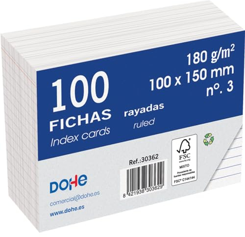 Dohe - Schede a righe di cartone (100 pz.) - Biglietti per scrivere appunti, formato A6 (15 x 10 cm), 180 g/m², n. 3, materiale per ufficio - colore bianco