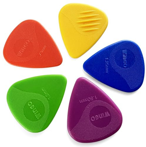 WINGO Gitarrenplektren mit Griffprägung, rutschfeste Plektren, 5 Stück (073, 088, 1,0, 1,25, 1,5 mm) für Akustik-, E-Gitarre, Bass