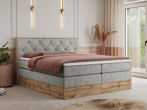 MKS MEBLE King Boxspringbett 180x200 mit Kopfteil und Bettkasten, Polsterbett mit Matratze H4 und Topper T25, Wotan Eiche Dekor - Hellgrau Strukture - Veneto King