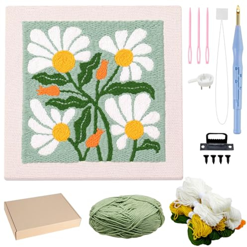 Allazone hålsatsram, stansnålssats, fyrkantig hålnål tyg med blommönster, ring, garn, stansnål (grön och vit)