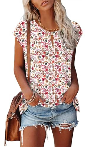 Rapbin t-shirts för kvinnor sommar toppar för kvinnor UK v-ringad keps ärm t-shirt med metalllås damer lös passform sommar klänade toppar casual blusar S till XXL, Vit med röda blommor, L