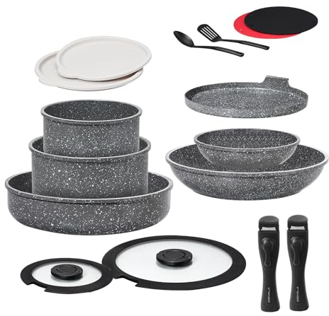 ESEVOLO Batterie de cuisine 16 pièces induction, Lot de Casseroles et Poêles 20 / 28cm avec poignées amovibles, Empilable, Revêtement Antiadhésif en Céramique sans PFAS, avec Crêpiere, Gris