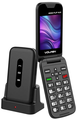 Volfen Nexo Flip MAX Téléphone à rabat pour personnes âgées, grandes touches et boutons, facile à utiliser, USB-C, 3 mémoires directes, station de charge, noir