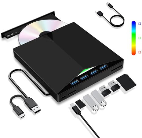 Dictien Externes CD DVD Laufwerk, Extern USB 3.0 Type-C mit SD/TF-Kartenleser Tragbar CD/DVD +/-RW Brenner, Schnelle Datenübertragung für PC Laptop Desktop Win11/10/8/7/XP, Linux,Mac OS,Vista