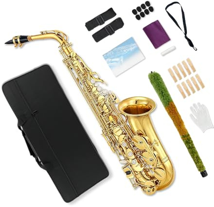 YoungMonic - Saxofón alto en mi bemol para adultos y estudiantes - Kit de iniciación con boquilla, estuche de transporte y 10 cañas (dorado)