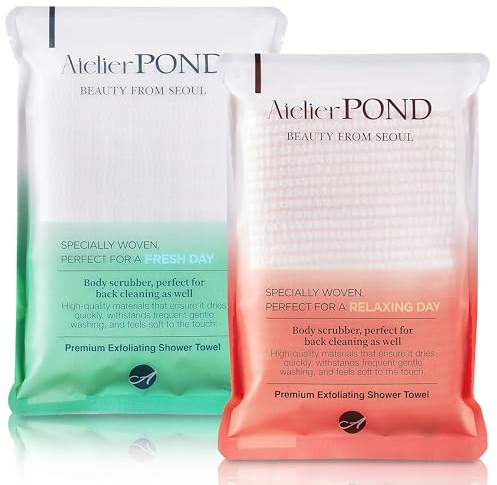 atelier POND Korean Exfoliating Washcloth 2-Pack – Shower Towel Body Scrub Cloths for Deep Cleansing & Dead Skin Removal (Fresh Green + Relax Orange – Value Set)