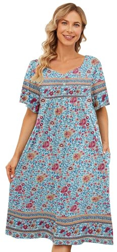 udforsk Plus Lounge Dress Mumu House Dresses for Women with Pockets Shirt Dresses For Women With V-Neckline Short Sleeve Small Green Flower 3XL