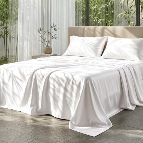 Bedsure Double Duvet Cover Set - 100% Rayon Derived from Bamboo, White | Smooth Breathable Silky Soft Zipper Closure Corner Ties OEKO TEX Hot Sleeper Summer Bedding with 2 Pillowcases 200x200cm