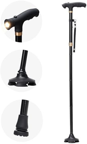 Sinocare Canne de Marche Pliable, Canne Légère et Portable avec Base Pivotante 360°, Poignée en T, Résistant 115kg, Réglable 85-95cm LED pour Adultes et Seniors