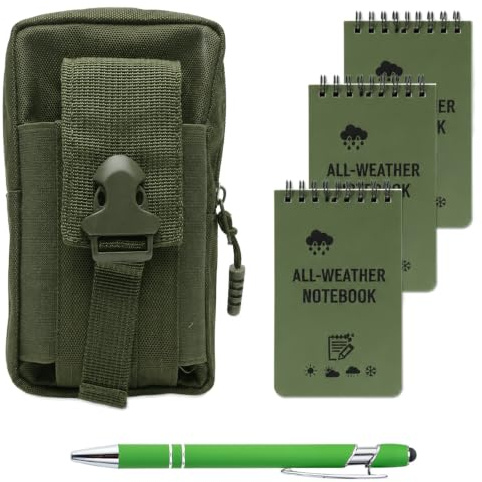 Lufdegim 5 Pcs Waterproof Notepad Set 3 x 5 Inches Write in the Rain Notebooks All Weather Notepads and Multi-Functional Waist Bag for Outdoor Activity Record (Green)