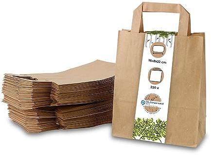 BIOZOYG 250x Papiertragetaschen 18 x 8 x 22 cm - braune Papiertüten mit Henkel Einkaufstüten - Papiertaschen Geschenktüten Tragetaschen Recyclingpapier