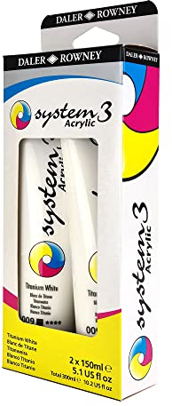 Daler-Rowney System3 150ml Titanium White Acrylic Paint Twin Pack Set, Vibrant Colours, Multi-Surface, For Professional Artists & Students
