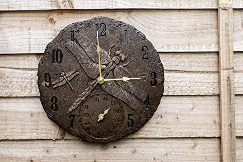 Horloge Murale Libellule Rustique Vintage de Garden Mile pour Cuisine, Salon, Jardin ou terrasse, avec thermomètre Horloge Murale Moderne