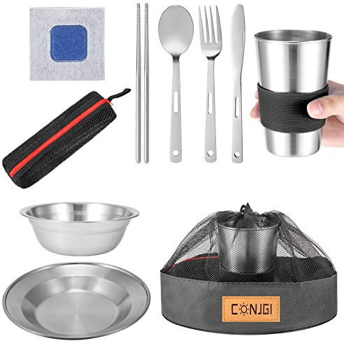 Camping Dinnerware Set Stainless - Camping Mess Kit Includes Cups, Bowls, Dishes, Knives, Forks, Spoons, Etc, Camping Tableware Set with Mesh Bag is Easy to Carry（1 Person Set Black）