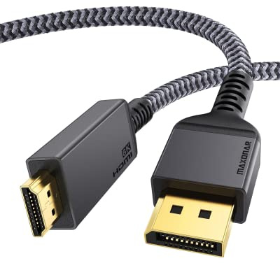 DisplayPort 1.4 to HDMI 2.1 8K Cable 2M,Maxonar DP to HDMI Lead 6.6Ft, [Aluminum Shell, Nylon Braid]Uni-Direction, 8K@60HZ 4K@120HZ,Compatible with PC/Laptop,Monitors,HP, DELL, GPU, AMD, NVIDIA etc.