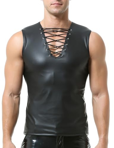 QiaTi Men's Faux Leather Undershirt Wetlook Tank Top Shirt Chest Lace Up Sleeveless Vest Sport Muscle