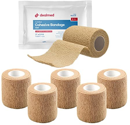 Dealmed Non-Adherent Cohesive Bandage Wrap – 3 x 5 Yards, 6 Rolls Non-Woven Breathable Self Adherent Wraps for First Aid Kits, Athletics, Swelling, Sprains, Animal Wraps, Tan