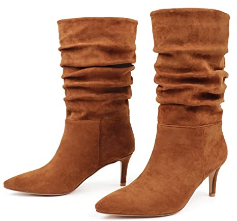 JOY IN LOVE Women's Low Heel Boots, Mid-Calf High Wrinkled Slouchy Boots Brown-S US 7.5