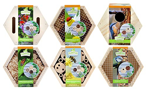 FLORTUS Set aus Insektenhotels, Vogelfutterhaus und Nistkasten im Set | Insektenhotels kombinierbar | Bienenhotel Schmetterlingshaus Marienkäferhaus