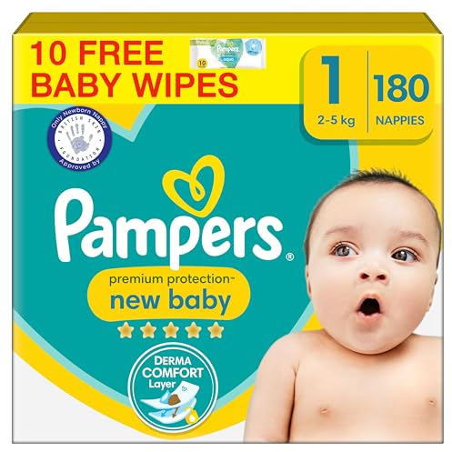Pampers Premium Protection New Baby Size 1, 180 Nappies, 2kg-5kg, Monthly Pack, The Only Newborn Nappy Approved by British Skin Foundation