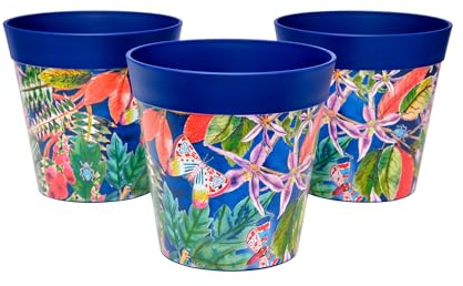 Hum Flowerpots, 15 cm, Lot de 3, Divers Motifs, Coloris et Tailles, Pots de Fleurs en Plastique Intérieur/Extérieur, Feuilles Bleues
