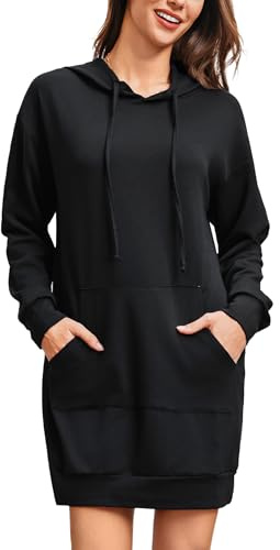 Terecey Robe Sweat Femme Long à Capuche Pull Robes avec Poche Manches Longues Casual Hoodie Hiver Noir