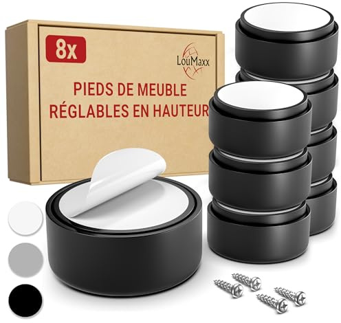 LouMaxx Pied de Meuble Réglable Noir – Lot de 8 Pieds pour Meuble Ø 53,5 mm – Rehausseur de Meuble Plastique à Coller ou Visser – Pieds Réglables INCL. Montage