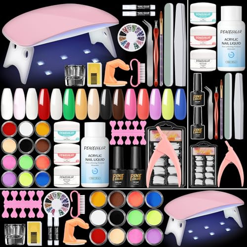 PEACECOLOR Acrylic Nail Kit with Nail Lamp,3 Colors Acrylic Powder and 30ml Nail Liquid 12 Colors Glitter Powder Nails Set Brush Tips Manicure Art Supplies for Nails Extension Beginner Kit