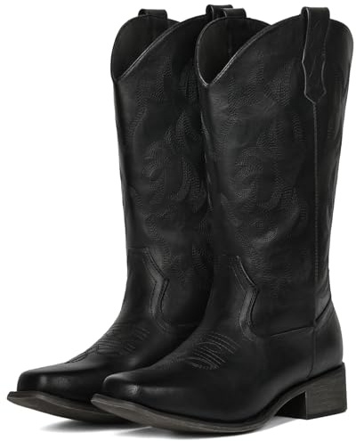 IUV Cowboystiefel für Damen, quadratischer Zehenbereich, Cowgirl-Stiefel, mittelhoch, Westernstiefel, zum Überziehen, modische Cowboystiefel, Schwarz, 39 EU