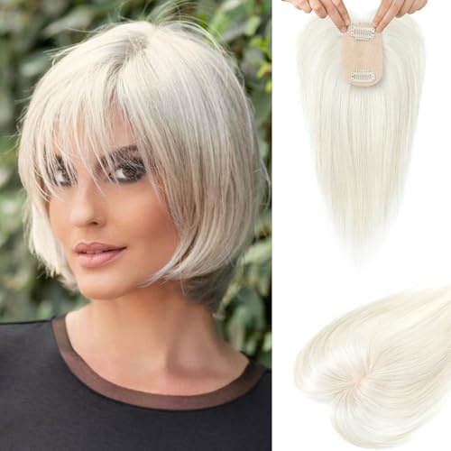 Flufymooz Real Human Hair Toppers for women, 10 Inch Clip in Bangs 100％ Human Hair Toppers for Thinning Hairpiece, Cover Hairpiece with 150% Density Silk Base-Silver White