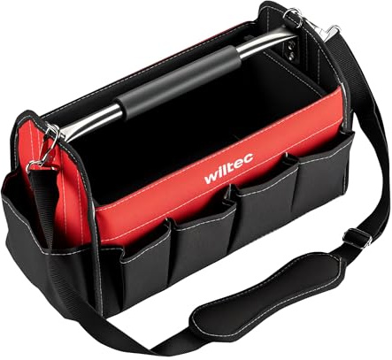 Wiltec Bolsa de herramientas plegable 40 x 19 x 25 cm hasta 30 kg, bolso de herramientas 14 compartimentos, cartera de trabajo con bandolera, bolsa de transporte portaherramientas resistente al agua