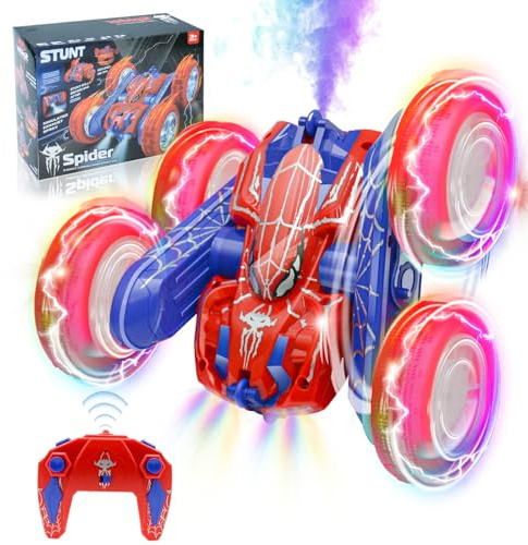 Remote Control Car with Spray Effect & LED Cool Lights, 360°Double-Sided 2.4GHz 4WD All Terrain Off Road Spider RC Car for Kids Toys, RC Stunt Car Toys, Electric Racing Car for 4+ Boys Girls (Red)